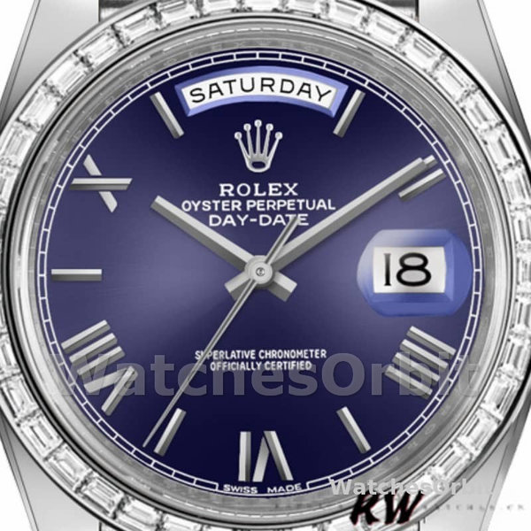 Replica Heren Rolex Day-Date-228396TBR, 40mm, Blauwe Wijzerplaat, Platina, Diamanten Ring