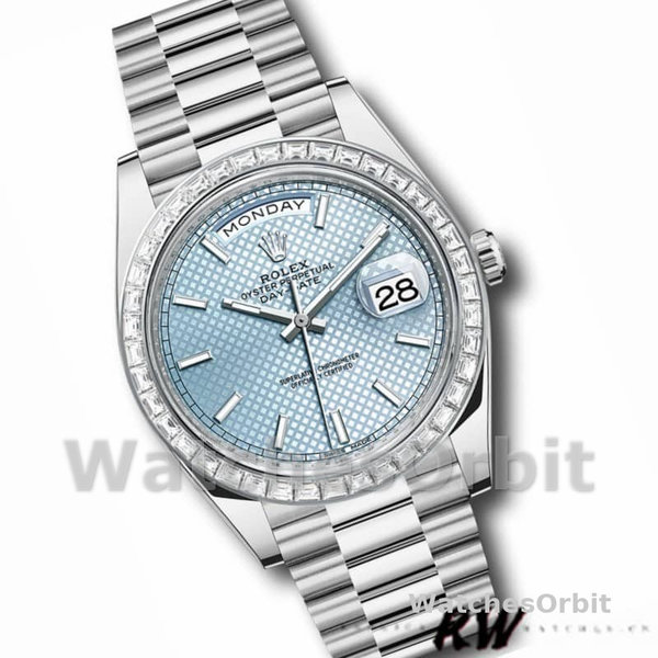 Replica Heren Rolex Day-Date-228396TBR, 40mm, Ijsblauwe Diagonaal Motief Wijzerplaat, Diamanten Bezel