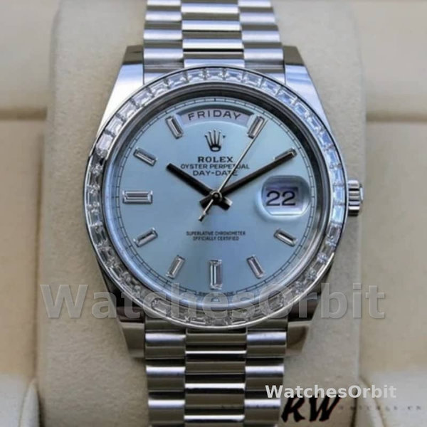 Replica Heren Rolex Day-Date-228396TBR, 40mm, ijsblauwe diamanten wijzerplaat, diamanten ring, ijsblauwe wijzerplaat voor heren