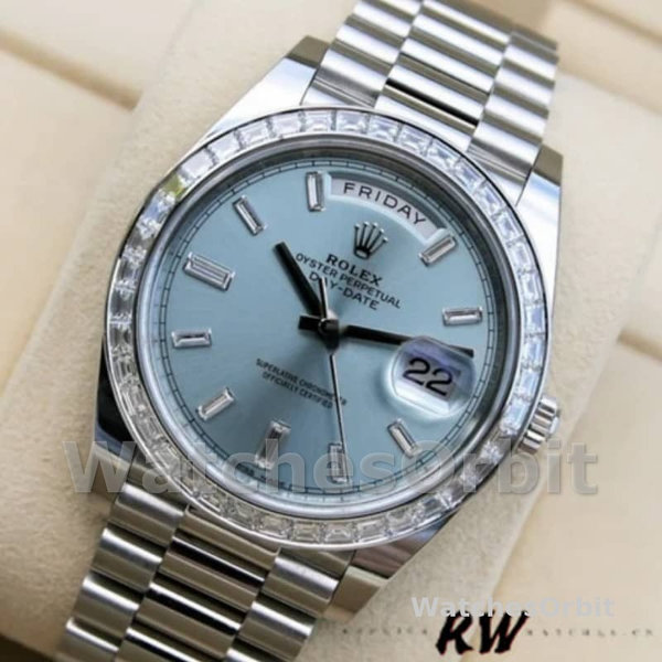 Replica Heren Rolex Day-Date-228396TBR, 40mm, ijsblauwe diamanten wijzerplaat, diamanten ring, ijsblauwe wijzerplaat voor heren