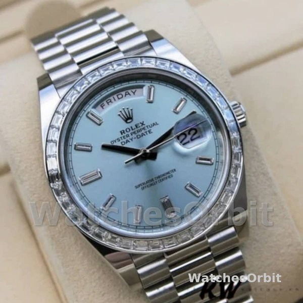 Replica Heren Rolex Day-Date-228396TBR, 40mm, ijsblauwe diamanten wijzerplaat, diamanten ring, ijsblauwe wijzerplaat voor heren