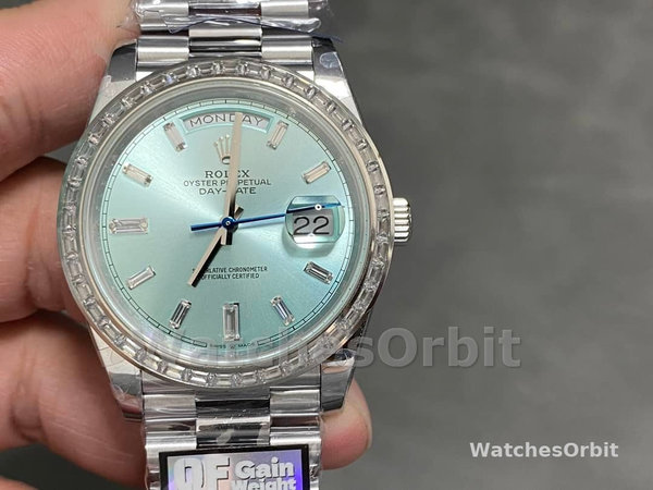 Replica Heren Rolex Day-Date-228396TBR, 40mm, ijsblauwe diamanten wijzerplaat, diamanten ring, ijsblauwe wijzerplaat voor heren