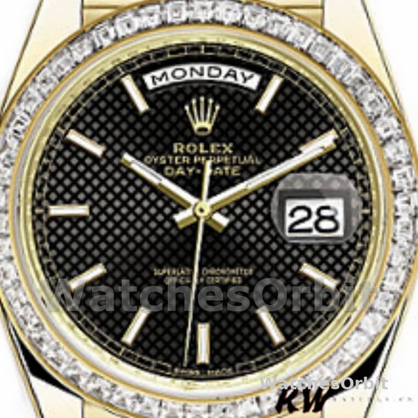 Replique Hommes Rolex Day-Date-228398TBR, 40mm, cadran noir à motifs diagonaux, lunette diamantée, Noir Hommes
