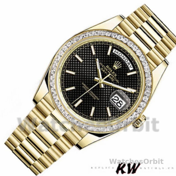 Replica Heren Rolex Day-Date-228398TBR, 40mm, Zwarte Diagonaal Motief Wijzerplaat, Diamanten Bezel, Heren Zwart