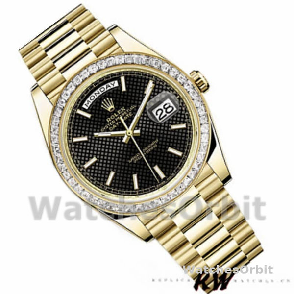 Replica Heren Rolex Day-Date-228398TBR, 40mm, Zwarte Diagonaal Motief Wijzerplaat, Diamanten Bezel, Heren Zwart
