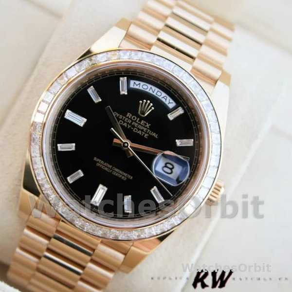 Replique Hommes Rolex Day-Date-228398TBR, 40mm, cadran diamant noir, lunette diamant, Noir Hommes