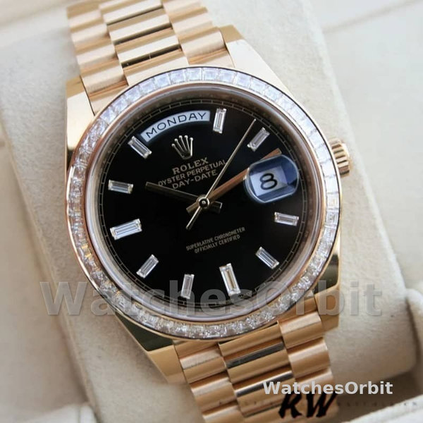 Replica Heren Rolex Day-Date-228398TBR, 40mm, Zwarte Diamant Wijzerplaat, Diamant Bezel, Heren Zwart