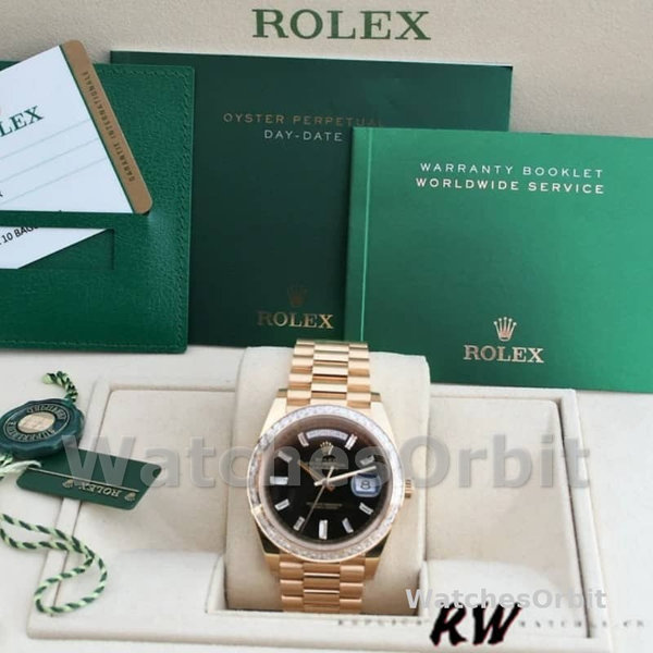 Replica Heren Rolex Day-Date-228398TBR, 40mm, Zwarte Diamant Wijzerplaat, Diamant Bezel, Heren Zwart