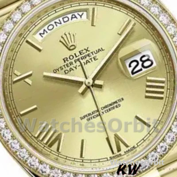 Replique Hommes Rolex Day-Date-228398TBR, 40mm, Champagne Cadran chiffres romains, Lunette diamant, Hommes Champagne