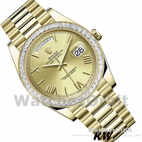 Replica Heren Rolex Day-Date-228398TBR, 40mm, Champagne Romeinse cijfer wijzerplaat, Diamanten ring