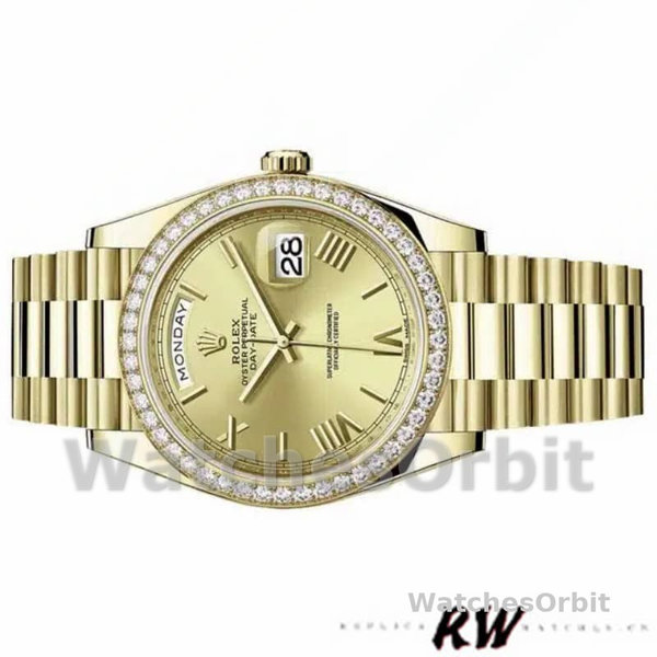 Replica Heren Rolex Day-Date-228398TBR, 40mm, Champagne Romeinse cijfer wijzerplaat, Diamanten ring
