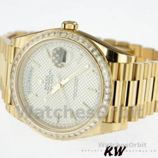 Replica Heren Rolex Day-Date-228398TBR, 40mm, Zilveren Diagonaal Motief Wijzerplaat, Diamanten Ring