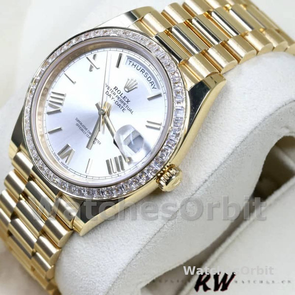 Replica Heren Rolex Day-Date-228398TBR, 40mm, Zilveren Romeinse Cijfer Wijzerplaat, Diamanten Ring