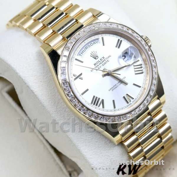 Replica Heren Rolex Day-Date-228398TBR, 40mm, Zilveren Romeinse Cijfer Wijzerplaat, Diamanten Ring