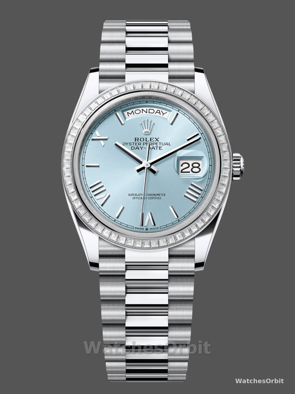 Rolex Day Date 36 Diamond Bezel Ice Blue Roman Dial m128396tbr 0019