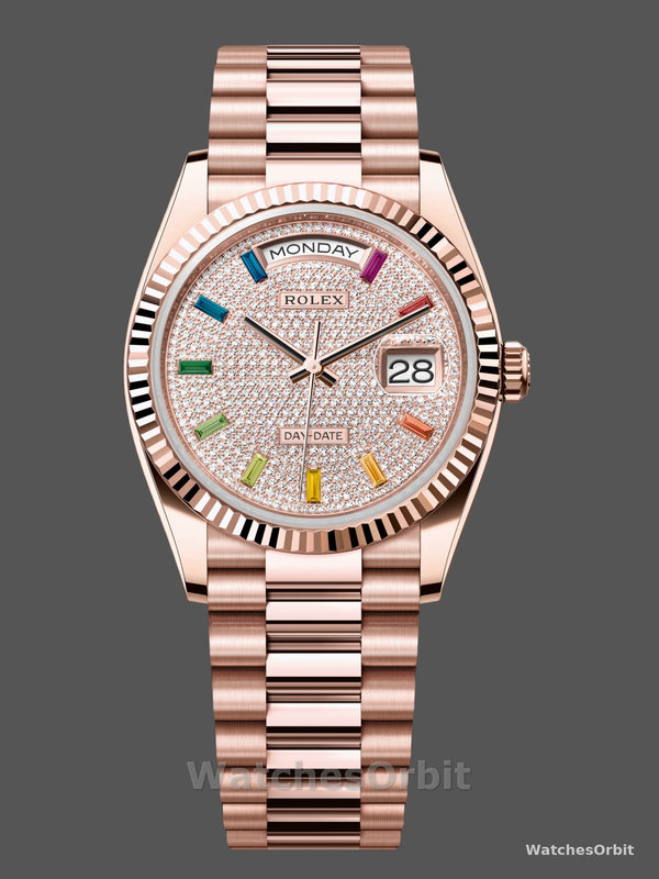 Rolex Day Date 36 Diamond Paved Dial Fluted Bezel 18K Everose gold 128235 0039 President Watch