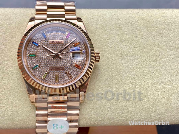 Replica Rolex Day Date 36-m128396TBR 0019 voor heren, diamanten ring, ijsblauwe Romeinse wijzerplaat
