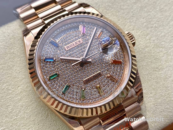 Replica Rolex Day Date 36-m128396TBR 0019 voor heren, diamanten ring, ijsblauwe Romeinse wijzerplaat