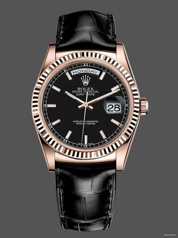 Rolex Day Date 36 Everose Gold Black Dial 118135 0063 Leather Watch