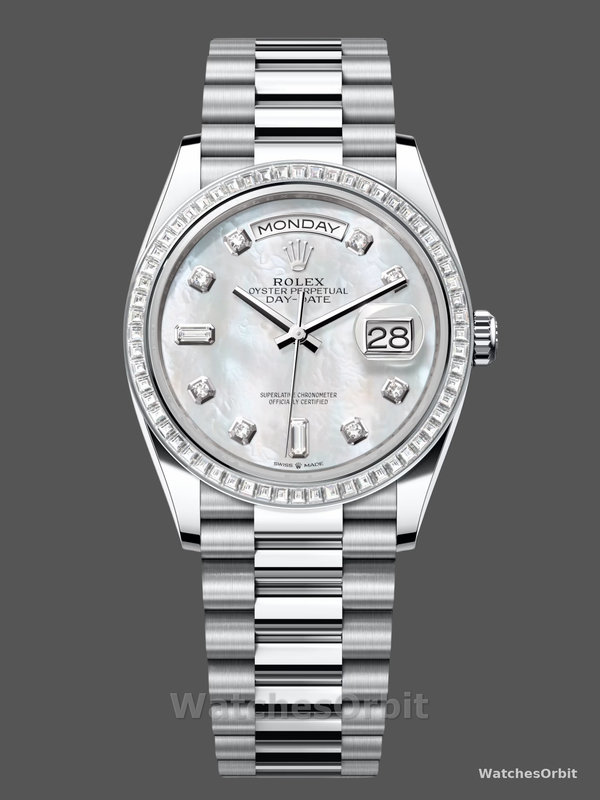 Rolex Day Date 36 Mother of Pearl Dial Diamond Bezel Platinum President m128396tbr 0005