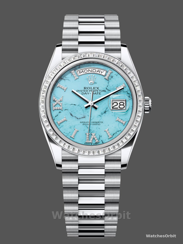 Rolex Day Date 36 Platinum Turquoise Diamond-Set Roman Dial Diamond Bezel m128396tbr 0016