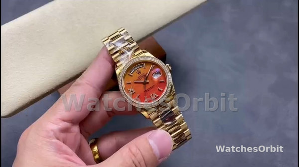 Replica Heren Rolex Day Date 36-M128345RBR 0068, Everose Gold, Diamonds Bezel, Oyster, Groen & Blauw