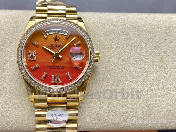 Replica Heren Rolex Day Date 36-M128345RBR 0068, Everose Gold, Diamonds Bezel, Oyster, Groen & Blauw