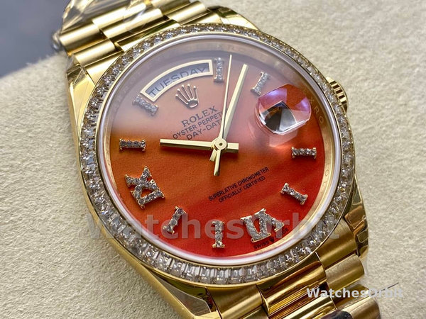 Replica Heren Rolex Day Date 36-M128345RBR 0068, Everose Gold, Diamonds Bezel, Oyster, Groen & Blauw
