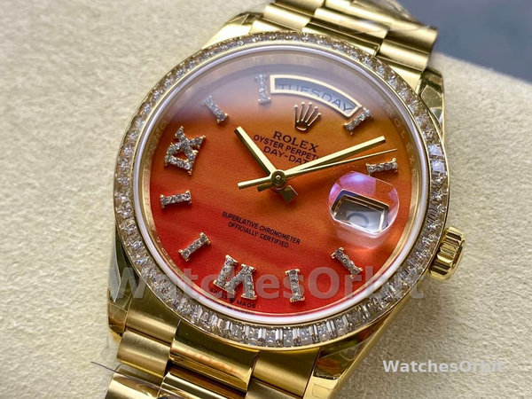 Replica Heren Rolex Day Date 36-M128345RBR 0068, Everose Gold, Diamonds Bezel, Oyster, Groen & Blauw