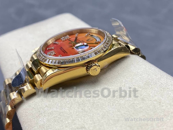 Replica Heren Rolex Day Date 36-M128345RBR 0068, Everose Gold, Diamonds Bezel, Oyster, Groen & Blauw