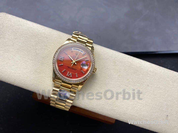Replica Heren Rolex Day Date 36-M128345RBR 0068, Everose Gold, Diamonds Bezel, Oyster, Groen & Blauw
