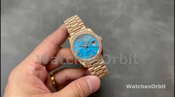 Replica Rolex Day-Date 36-m128345rbr 0064, oro rosa, quadrante romano con diamanti incastonati, lunetta di diamanti quadrante turchese