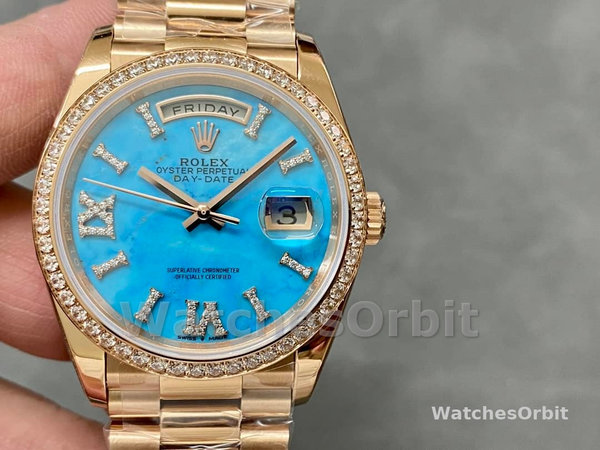 Replica Rolex Day-Date 36-m128345rbr 0064, oro rosa, quadrante romano con diamanti incastonati, lunetta di diamanti quadrante turchese