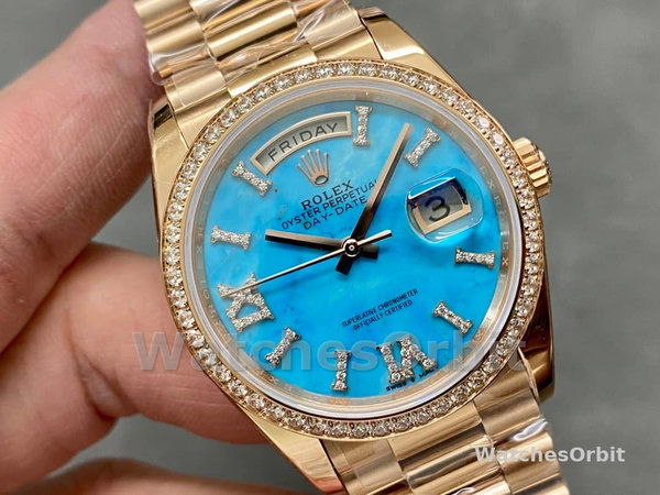 Replica Rolex Day-Date 36-m128345rbr 0064, oro rosa, quadrante romano con diamanti incastonati, lunetta di diamanti quadrante turchese