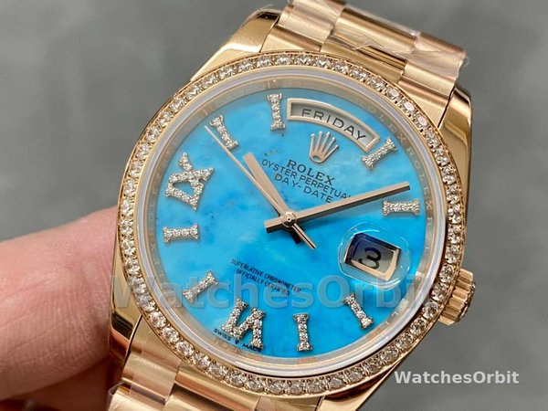 Replica Rolex Day-Date 36-m128345rbr 0064, oro rosa, quadrante romano con diamanti incastonati, lunetta di diamanti quadrante turchese