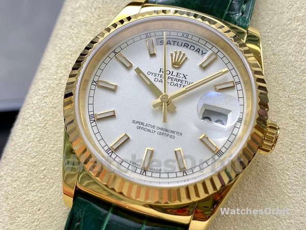 Replica Rolex Day Date 36-128396TBR 0004, Platina, Diamanten ring, Zilver voor heren