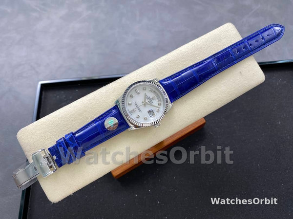 Replica Rolex Day Date 36-m128396TBR 0019 voor heren, diamanten ring, ijsblauwe Romeinse wijzerplaat