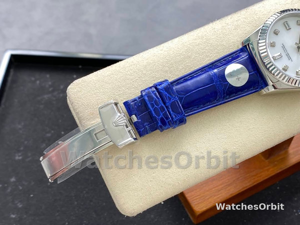 Replica Rolex Day Date 36-m128396TBR 0019 voor heren, diamanten ring, ijsblauwe Romeinse wijzerplaat