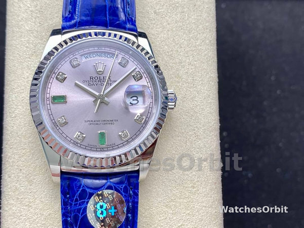 Replica Rolex Day Date 36-m128396TBR 0019 voor heren, diamanten ring, ijsblauwe Romeinse wijzerplaat