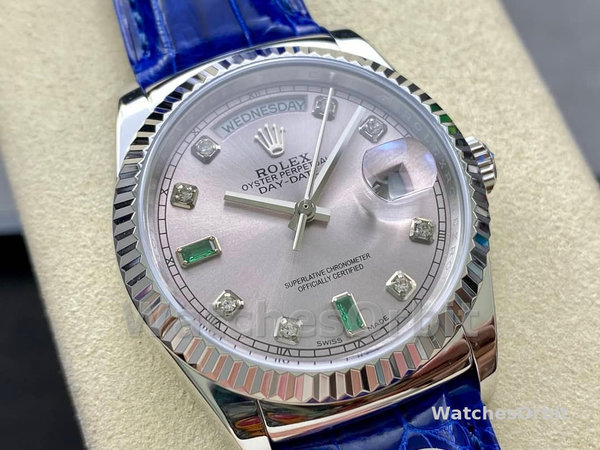 Replica Rolex Day Date 36-m128396TBR 0019 voor heren, diamanten ring, ijsblauwe Romeinse wijzerplaat