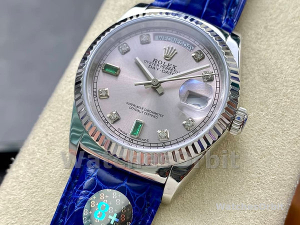 Replica Rolex Day Date 36-m128396TBR 0019 voor heren, diamanten ring, ijsblauwe Romeinse wijzerplaat