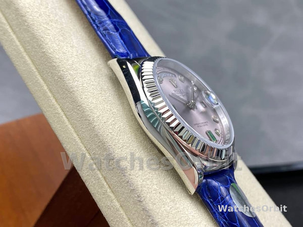 Replica Rolex Day Date 36-m128396TBR 0019 voor heren, diamanten ring, ijsblauwe Romeinse wijzerplaat