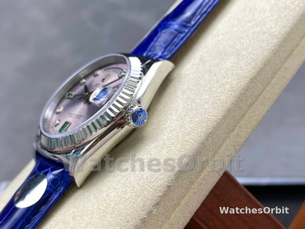 Replica Rolex Day Date 36-m128396TBR 0019 voor heren, diamanten ring, ijsblauwe Romeinse wijzerplaat