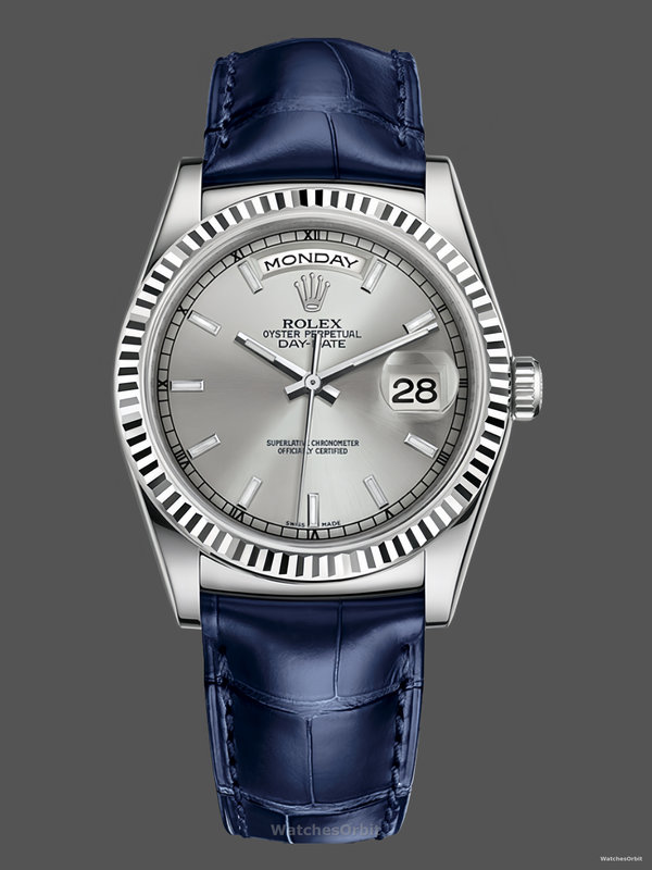 Rolex Day Date 36 White Gold Silver Dial 118139 0097 Blue Leather Strap