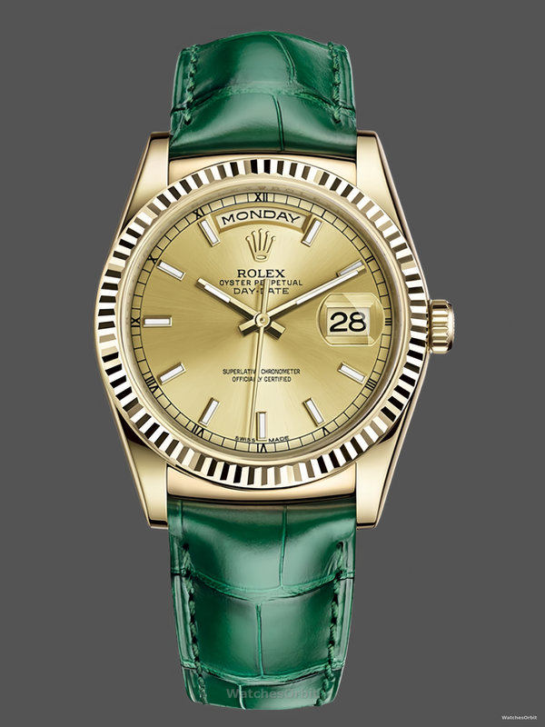 Rolex Day Date 36 Yellow Gold Champagne Dial 118138 0125 Green Strap