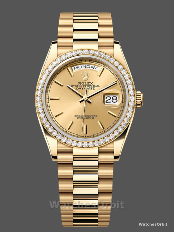 Rolex Day Date 36 Yellow Gold Champagne Dial Diamond Bezel m128348rbr 0026
