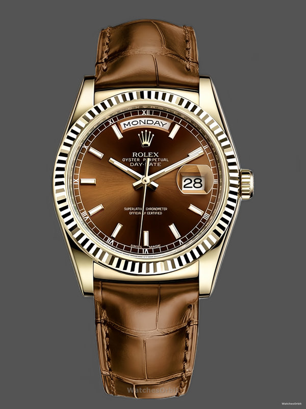 Rolex Day Date 36 Yellow Gold Chocolate Dial 118138 0005 Leather Watch