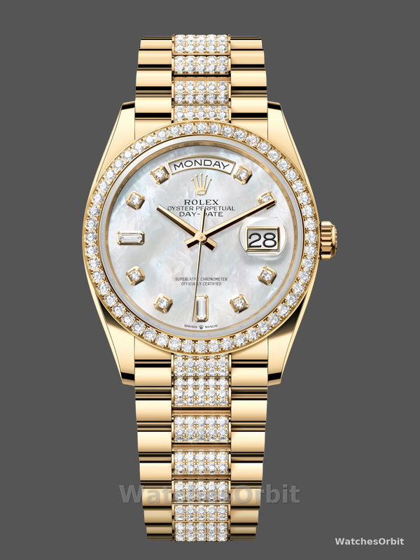 Rolex Day Date 36 Yellow Gold Diamond Bezel MOP Dial m128348rbr 0019