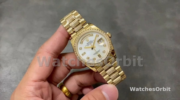 Women's Rolex Day-Date 36mm Yellow Gold Diamond Bezel MOP Dial - M128348RBR 0019 MOP Dial