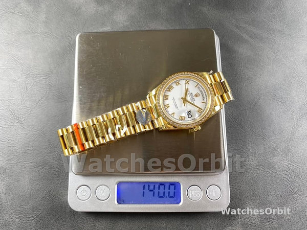 Replica Rolex Day Date 36-m128239 0059, witgoud, witte wijzerplaat, geribbelde lunette, president, wit